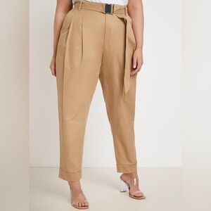 Eloquii Tan High-Waist Pleated Trousers with Belt